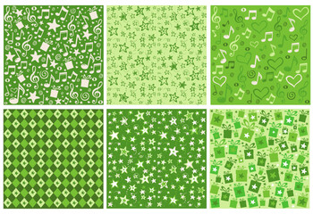 Set of seamless green patterns. Abstract geometric floral textures. Spring summer decor. Simple cute pattern design for babies, kids. Perfect for textile, wallpaper or print design,  greetings card