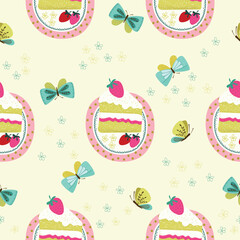 Pastel Cute Strawberry Cake with Butterfly Hand Drawn Seamless Pattern - Vector for Invitation, Greeting, Birthday, Party, Celebration, Wedding, Card, Poster, Banner, Textile, and Wallpaper