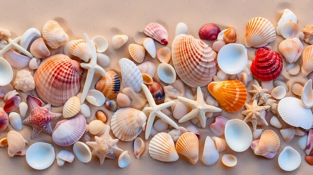 A collection of seashells arranged on a sandy beach.