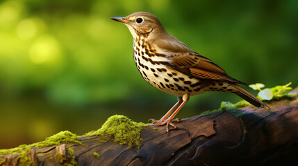 Song Thrush Turdus philomelos perched on log with