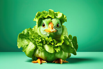 Vegetarian or vegan chicken, chick made out of lettuce, World Vegan Day or Vegetarian Week concept. profile view