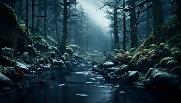 Beautiful landscape image of a dark forest river in a foggy morning