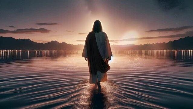 Jesus walk on the water, motion loop, Video background the day of the resurrection of Jesus Concept 