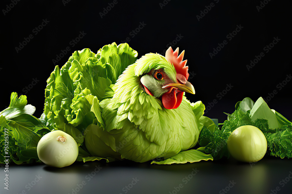 Wall mural Vegetarian or vegan chicken, chick made out of lettuce, World Vegan Day or Vegetarian Week concept. profile view