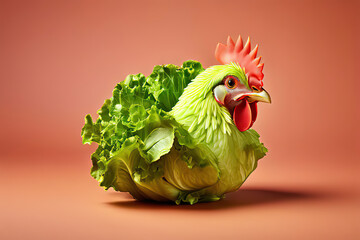Vegetarian or vegan chicken, chick made out of lettuce, World Vegan Day or Vegetarian Week concept. profile view