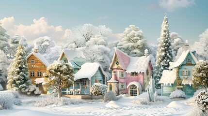 Winter Wonderland A Snowy Village with a Pink House and Blue Houses Generative AI