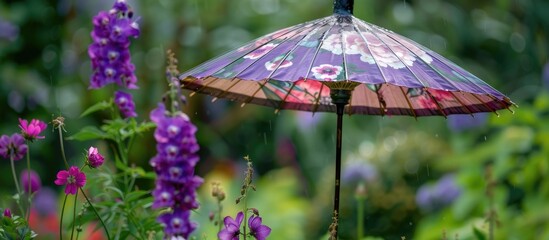 A purple umbrella stands out on top of a vibrant, green field, contrasting against the natural backdrop. The umbrella provides shade and protection in this outdoor setting.