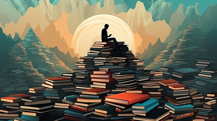 Student on a mountain of textbooks silhouette