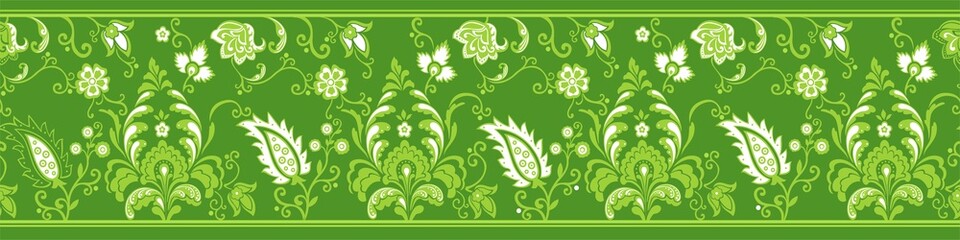 Green Paisley Pattern. Vintage ornamental border. Design for ribbon, textile, wallpaper, wrapping paper. Seamless Textile Background. Spring summer decor. Illustration