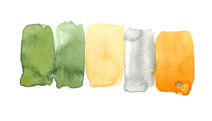 Green spring. A set of watercolor paints of five pastel rectangular shapes in different colors: light gray, various greens, peach and yellow shades. Hand illustration