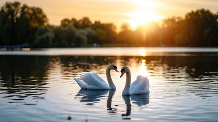 Foto op Aluminium Couple swans forming love heart on the lake at sunset sky background © Gethuk_Studio