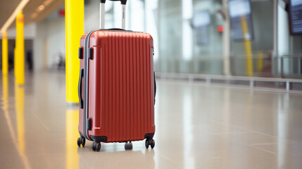 Suitcase in a large bright airport waiting hall to