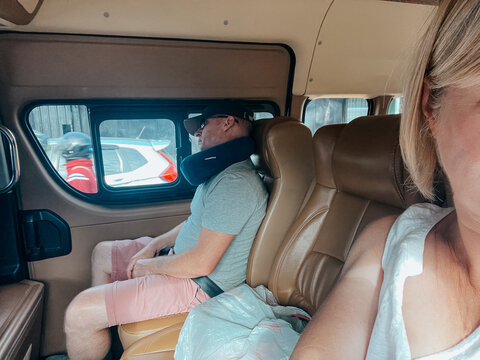Woman enjoying a sightseeing trip with her husband. 