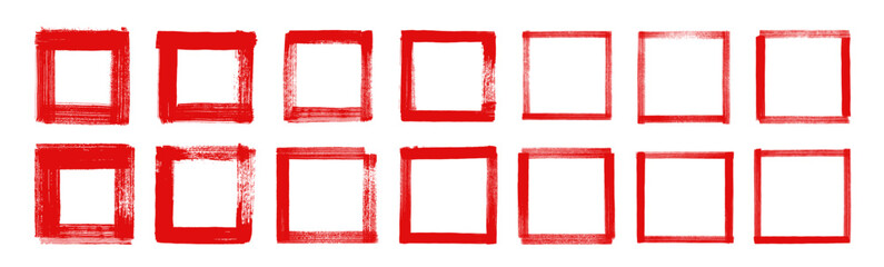 Set of vector red color grunge ink brush stroke hand-painted squares. Abstract geometric shape collection. Grunge punk rough edge frames. Text box red backgrounds. Dirty grungy distressed rectangles - 751217528