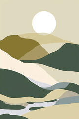 Abstract contemporary aesthetic landscapes with Sun, Sea, wave, mountains. Mid century modern