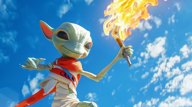 Cute alien athlete solemnly carries the Olympic flame against the blue sky.