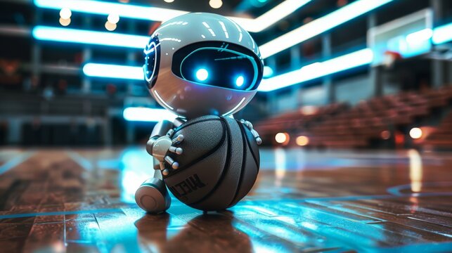 Cute robot basketball player dribbling the ball, playing game in gymnasium