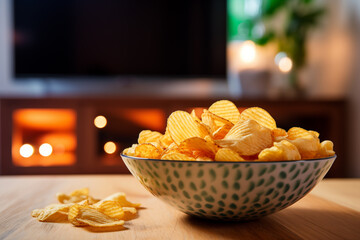 A bowl of potato chips sits on table in front of TV