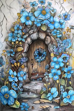 AI casetta fatata in mezzo a fiori celesti 002