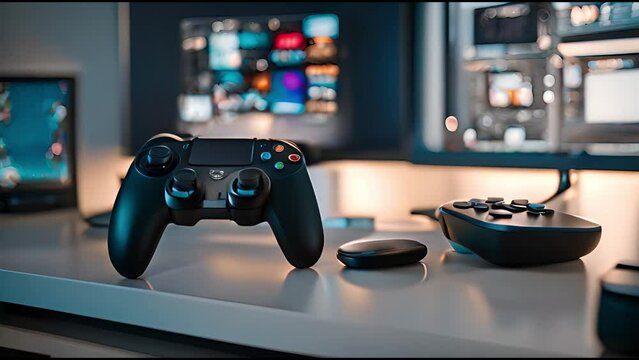 black stick gamepad, game console, computer monitor