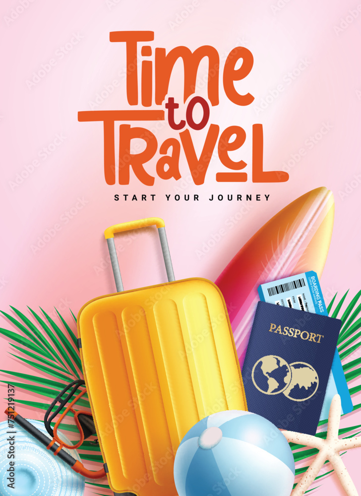 Wall mural travel time text vector poster design. summer time to travel with bag luggage, passport and ticket f