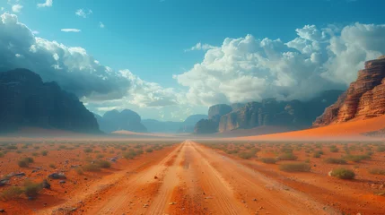 Papier Peint photo autocollant Arizona Landscape view of dusty road going far away nowhere in Wadi Rum desert, Jordan.