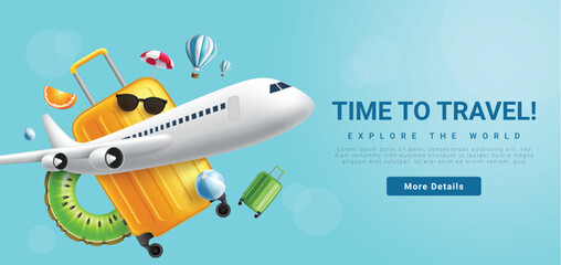 Summer travel time vector banner design. Travel time text with airplane, bag luggage and floaters elements for website booking advertisement background. Vector illustration travel tours promotion. 
