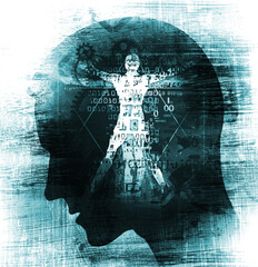 Illustration of stylized young man head in profile and vitruvian man with a binary code on blue grunge background.