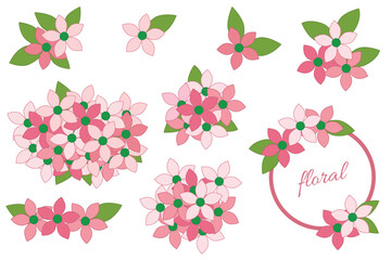 Collection of cute pink color decorative flowers graphic element design on white background.