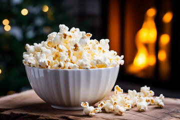 Kettle corn popcorn on table by fireplace for a cozy snack