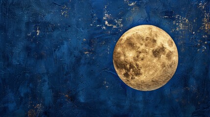 Obraz na płótnie Canvas A serene, soft gold harvest moon dominates the deep blue textured backdrop of a minimalist painting