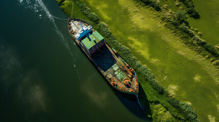 Fototapeta na wymiar Top down view on inland cargo ship in dutch canal