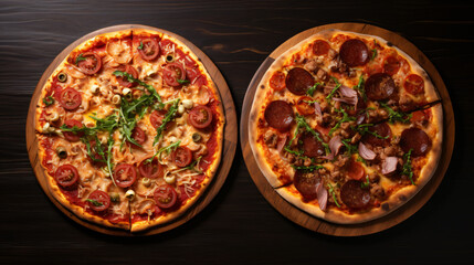 Fototapeta na wymiar Top view of two different pizzas