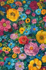 Abstract vibrant oil painting depicting colorful flowers with vivid hues