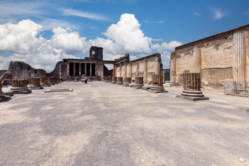 Ruins of an ancient city destroyed by the eruption of the volcano Vesuvius, forum with Basilica,...
