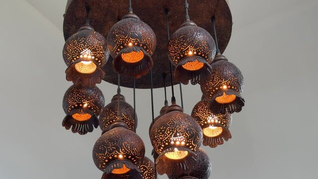 Traditional Lamp made of coconut shell in coffee shop