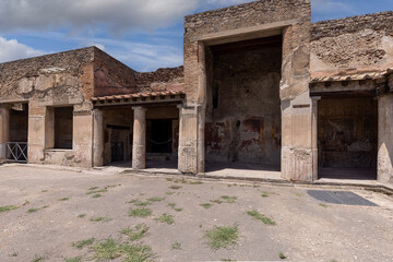 Remains of Stabian Baths at ancient city destroyed by volcano Vesuvius, Naples, Pompeii, Italy