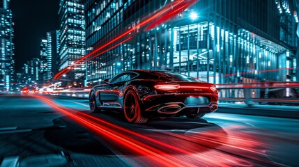 Fototapeta na wymiar long exposure photography of luxury car driving in the city during nighttime, 