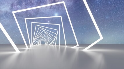 Abstract geometric pattern of glowing white neon squares in sky background 3d rendering