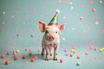 An adorable sweet little pig with a birthday party cap represents celebration and joy amidst a shower of confetti and candies. 