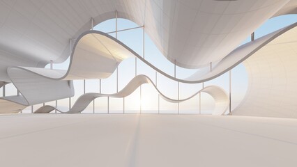 Architecture interior background empty room with panoramic windows 3d render