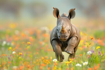 A baby rhino charging playfully in a field of wildflowers - obrazy, fototapety, plakaty