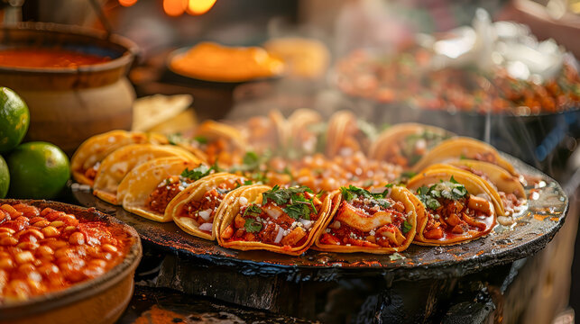 Sizzling Tacos al Pastor topped with onions and cilantro, served with beans and salsa on a traditional comal in a Mexican taqueria.