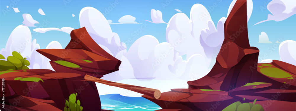 Wall mural dangerous rocky cliff above river with log as foot bridge over abyss. cartoon vector illustration of