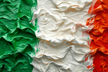 Abstract interpretation of the Irish flag, presented as a textured surface with deep folds,...