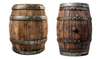 Old wooden brown barrel, isolated or white background