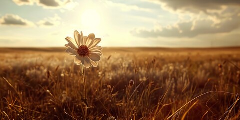 A lone flower blooming in a vast field, leaving room for a romantic quote or greeting - obrazy, fototapety, plakaty