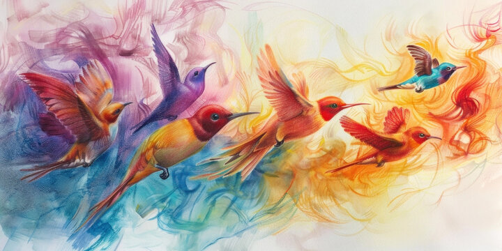 Flying colorful birds against a colorful background, painting