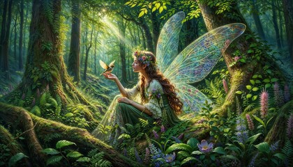 fairy girl  in the forest with a bird. delicate and beautiful . wallpaper design painting style - obrazy, fototapety, plakaty
