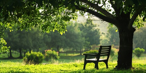 A simple chair placed under a tree in a serene garden, with space for relaxation-themed text